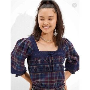 American Eagle Women's Lace Puff Casual Plaid Cropped Top‎ Small Navy Blue NWT